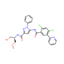 COC[C@@H](CO)NC(=O)c1cc(NC(=O)c2cc(-c3ccccn3)c(Cl)cc2Cl)n(-c2ccccc2)n1 ZINC001772603174