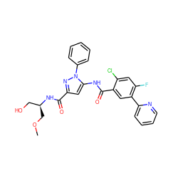 COC[C@@H](CO)NC(=O)c1cc(NC(=O)c2cc(-c3ccccn3)c(F)cc2Cl)n(-c2ccccc2)n1 ZINC001772584166