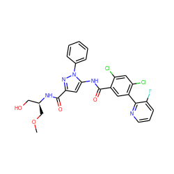 COC[C@@H](CO)NC(=O)c1cc(NC(=O)c2cc(-c3ncccc3F)c(Cl)cc2Cl)n(-c2ccccc2)n1 ZINC001772601871