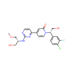 COC[C@@H](CO)Nc1nccc(-c2ccn([C@H](CO)c3ccc(Cl)c(F)c3)c(=O)c2)n1 ZINC000144854132