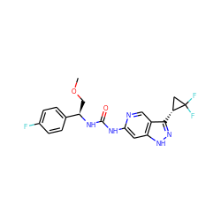 COC[C@@H](NC(=O)Nc1cc2[nH]nc([C@@H]3CC3(F)F)c2cn1)c1ccc(F)cc1 ZINC000261127322