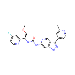 COC[C@@H](NC(=O)Nc1cc2[nH]nc(-c3ccnc(C)c3)c2cn1)c1cc(F)ccn1 ZINC000261083599