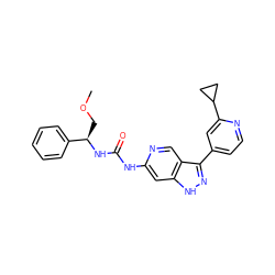 COC[C@@H](NC(=O)Nc1cc2[nH]nc(-c3ccnc(C4CC4)c3)c2cn1)c1ccccc1 ZINC000261189294