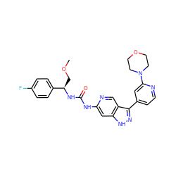 COC[C@@H](NC(=O)Nc1cc2[nH]nc(-c3ccnc(N4CCOCC4)c3)c2cn1)c1ccc(F)cc1 ZINC000261075225