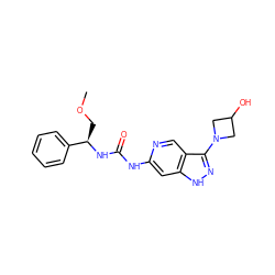 COC[C@@H](NC(=O)Nc1cc2[nH]nc(N3CC(O)C3)c2cn1)c1ccccc1 ZINC000210788605