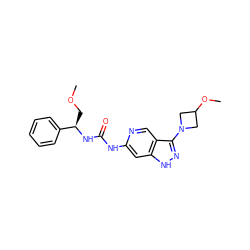 COC[C@@H](NC(=O)Nc1cc2[nH]nc(N3CC(OC)C3)c2cn1)c1ccccc1 ZINC000210699193