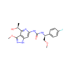 COC[C@@H](NC(=O)Nc1cc2[nH]nc(OC)c2c([C@H](C)O)n1)c1ccc(F)cc1 ZINC001772574713