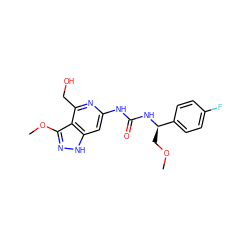 COC[C@@H](NC(=O)Nc1cc2[nH]nc(OC)c2c(CO)n1)c1ccc(F)cc1 ZINC001772617392