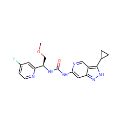 COC[C@@H](NC(=O)Nc1cc2n[nH]c(C3CC3)c2cn1)c1cc(F)ccn1 ZINC000219747321