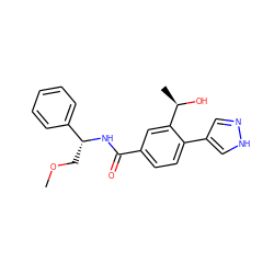 COC[C@@H](NC(=O)c1ccc(-c2cn[nH]c2)c([C@@H](C)O)c1)c1ccccc1 ZINC001772570559