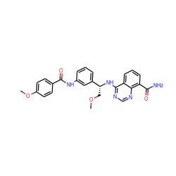 COC[C@@H](Nc1ncnc2c(C(N)=O)cccc12)c1cccc(NC(=O)c2ccc(OC)cc2)c1 ZINC000114344553