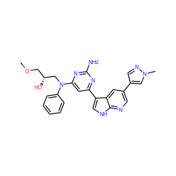 COC[C@@H](O)CN(c1ccccc1)c1cc(-c2c[nH]c3ncc(-c4cnn(C)c4)cc23)nc(N)n1 ZINC000169700760