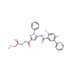 COC[C@@H](O)CNC(=O)c1cc(NC(=O)c2cc(-c3ccccn3)c(F)cc2Cl)n(-c2ccccc2)n1 ZINC001772607006