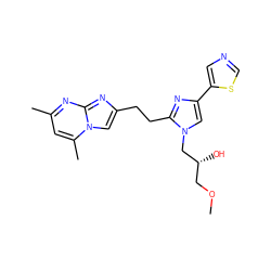 COC[C@@H](O)Cn1cc(-c2cncs2)nc1CCc1cn2c(C)cc(C)nc2n1 ZINC000117852171