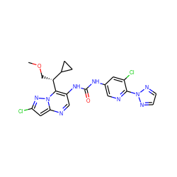 COC[C@@H](c1c(NC(=O)Nc2cnc(-n3nccn3)c(Cl)c2)cnc2cc(Cl)nn12)C1CC1 ZINC000653878877