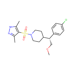 COC[C@@H](c1ccc(Cl)cc1)C1CCN(S(=O)(=O)c2c(C)n[nH]c2C)CC1 ZINC000216304601