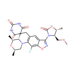 COC[C@@H]1[C@@H](C)OC(=O)N1c1noc2c(F)c3c(cc12)CC1(C(=O)NC(=O)NC1=O)[C@H]1[C@H](C)O[C@H](C)CN31 ZINC000148006548