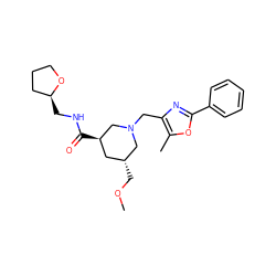 COC[C@@H]1C[C@@H](C(=O)NC[C@H]2CCCO2)CN(Cc2nc(-c3ccccc3)oc2C)C1 ZINC000071340613