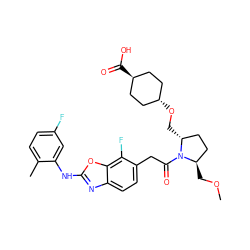 COC[C@@H]1CC[C@@H](CO[C@H]2CC[C@H](C(=O)O)CC2)N1C(=O)Cc1ccc2nc(Nc3cc(F)ccc3C)oc2c1F ZINC000261189891