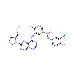 COC[C@@H]1CCCN1c1ncc2ncnc(Nc3cc(C(=O)Nc4ccc(OC)c(C(F)(F)F)c4)ccc3C)c2n1 ZINC000148347464