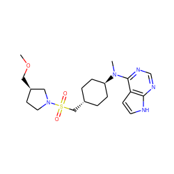 COC[C@@H]1CCN(S(=O)(=O)C[C@H]2CC[C@H](N(C)c3ncnc4[nH]ccc34)CC2)C1 ZINC000261106234