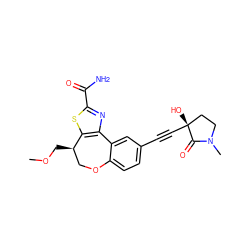 COC[C@@H]1COc2ccc(C#C[C@]3(O)CCN(C)C3=O)cc2-c2nc(C(N)=O)sc21 ZINC000219457157