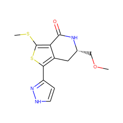 COC[C@@H]1Cc2c(-c3cc[nH]n3)sc(SC)c2C(=O)N1 ZINC000145643167