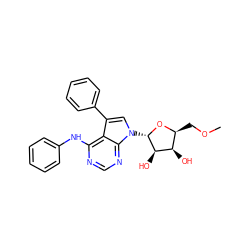 COC[C@@H]1O[C@@H](n2cc(-c3ccccc3)c3c(Nc4ccccc4)ncnc32)[C@H](O)[C@@H]1O ZINC000013528445