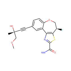 COC[C@](C)(O)C#Cc1ccc2c(c1)-c1nc(C(N)=O)sc1[C@H](F)CO2 ZINC000219403252