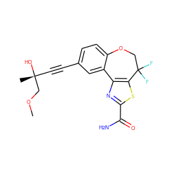 COC[C@](C)(O)C#Cc1ccc2c(c1)-c1nc(C(N)=O)sc1C(F)(F)CO2 ZINC000219516517