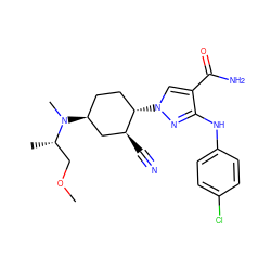 COC[C@H](C)N(C)[C@H]1CC[C@H](n2cc(C(N)=O)c(Nc3ccc(Cl)cc3)n2)[C@@H](C#N)C1 ZINC000222981436