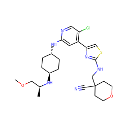 COC[C@H](C)N[C@H]1CC[C@H](Nc2cc(-c3csc(NCC4(C#N)CCOCC4)n3)c(Cl)cn2)CC1 ZINC001774020956