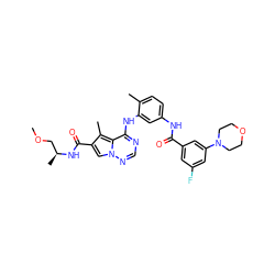 COC[C@H](C)NC(=O)c1cn2ncnc(Nc3cc(NC(=O)c4cc(F)cc(N5CCOCC5)c4)ccc3C)c2c1C ZINC000029048444