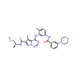 COC[C@H](C)NC(=O)c1cn2ncnc(Nc3cc(NC(=O)c4cccc(N5CCOCC5)c4)ccc3C)c2c1C ZINC000029048964