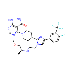 COC[C@H](C)NCCn1cc(-c2ccc(F)c(C(F)(F)F)c2)nc1C1CCN(c2ncnc(N)c2C(N)=O)CC1 ZINC000219092208