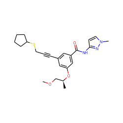 COC[C@H](C)Oc1cc(C#CCSC2CCCC2)cc(C(=O)Nc2ccn(C)n2)c1 ZINC000473120509