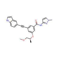 COC[C@H](C)Oc1cc(C#Cc2ccc3[nH]ccc3c2)cc(C(=O)Nc2ccn(C)n2)c1 ZINC000473125720