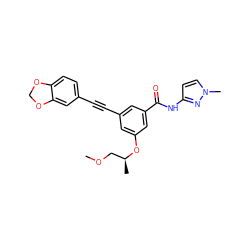 COC[C@H](C)Oc1cc(C#Cc2ccc3c(c2)OCO3)cc(C(=O)Nc2ccn(C)n2)c1 ZINC000473127353