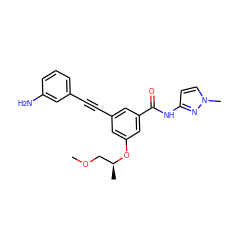 COC[C@H](C)Oc1cc(C#Cc2cccc(N)c2)cc(C(=O)Nc2ccn(C)n2)c1 ZINC000220906886