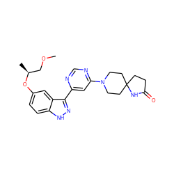 COC[C@H](C)Oc1ccc2[nH]nc(-c3cc(N4CCC5(CCC(=O)N5)CC4)ncn3)c2c1 ZINC000221104942