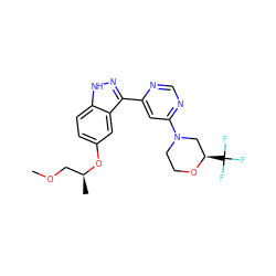 COC[C@H](C)Oc1ccc2[nH]nc(-c3cc(N4CCO[C@H](C(F)(F)F)C4)ncn3)c2c1 ZINC000225561444