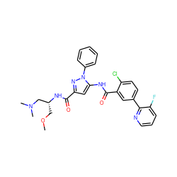 COC[C@H](CN(C)C)NC(=O)c1cc(NC(=O)c2cc(-c3ncccc3F)ccc2Cl)n(-c2ccccc2)n1 ZINC001772614650