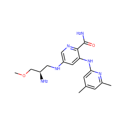 COC[C@H](N)CNc1cnc(C(N)=O)c(Nc2cc(C)cc(C)n2)c1 ZINC000205283862