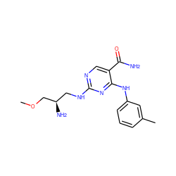 COC[C@H](N)CNc1ncc(C(N)=O)c(Nc2cccc(C)c2)n1 ZINC000145843692