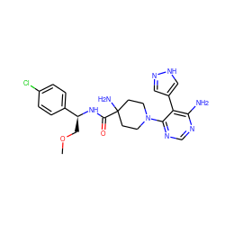 COC[C@H](NC(=O)C1(N)CCN(c2ncnc(N)c2-c2cn[nH]c2)CC1)c1ccc(Cl)cc1 ZINC000219312871