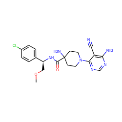 COC[C@H](NC(=O)C1(N)CCN(c2ncnc(N)c2C#N)CC1)c1ccc(Cl)cc1 ZINC000219317739