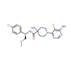 COC[C@H](NC(=O)C1(N)CCN(c2ncnc(N)c2Cl)CC1)c1ccc(Cl)cc1 ZINC001772629748