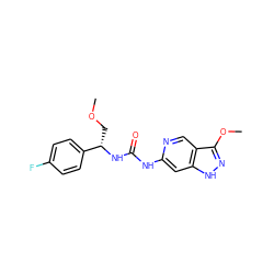 COC[C@H](NC(=O)Nc1cc2[nH]nc(OC)c2cn1)c1ccc(F)cc1 ZINC001772613765