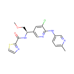 COC[C@H](NC(=O)c1nccs1)c1cnc(Nc2ccc(C)nc2)c(Cl)c1 ZINC000473097935