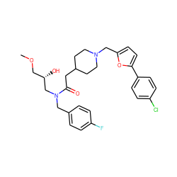 COC[C@H](O)CN(Cc1ccc(F)cc1)C(=O)CC1CCN(Cc2ccc(-c3ccc(Cl)cc3)o2)CC1 ZINC000043011890